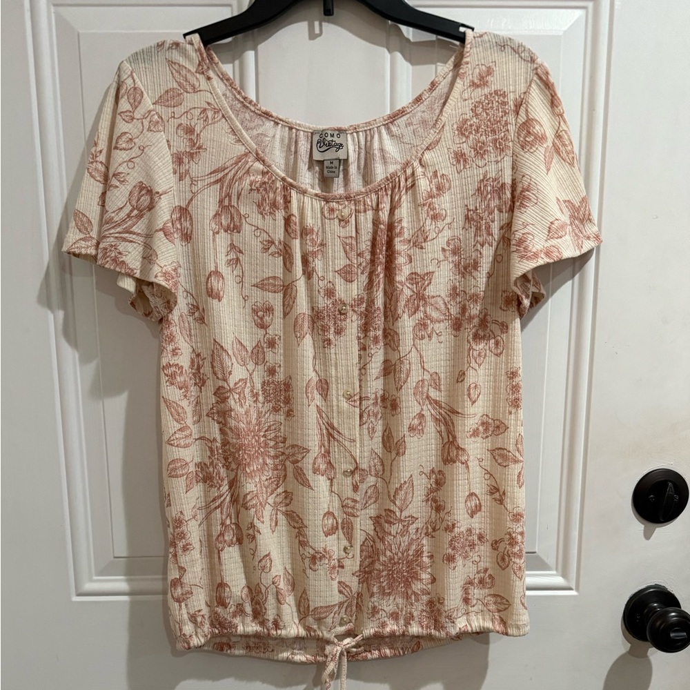 Como Vintage Cream and Pink Floral Flutter Sleeve Tie Front Top M